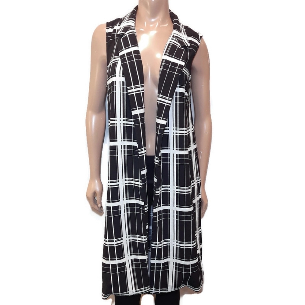 DR2 Daniel Rainn Plaid Duster Vest Sleeveless Mid Length Open Jacket Size Medium